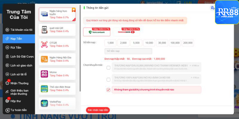 Nạp tiền RR88 qua thẻ ngân hàng đơn giản
